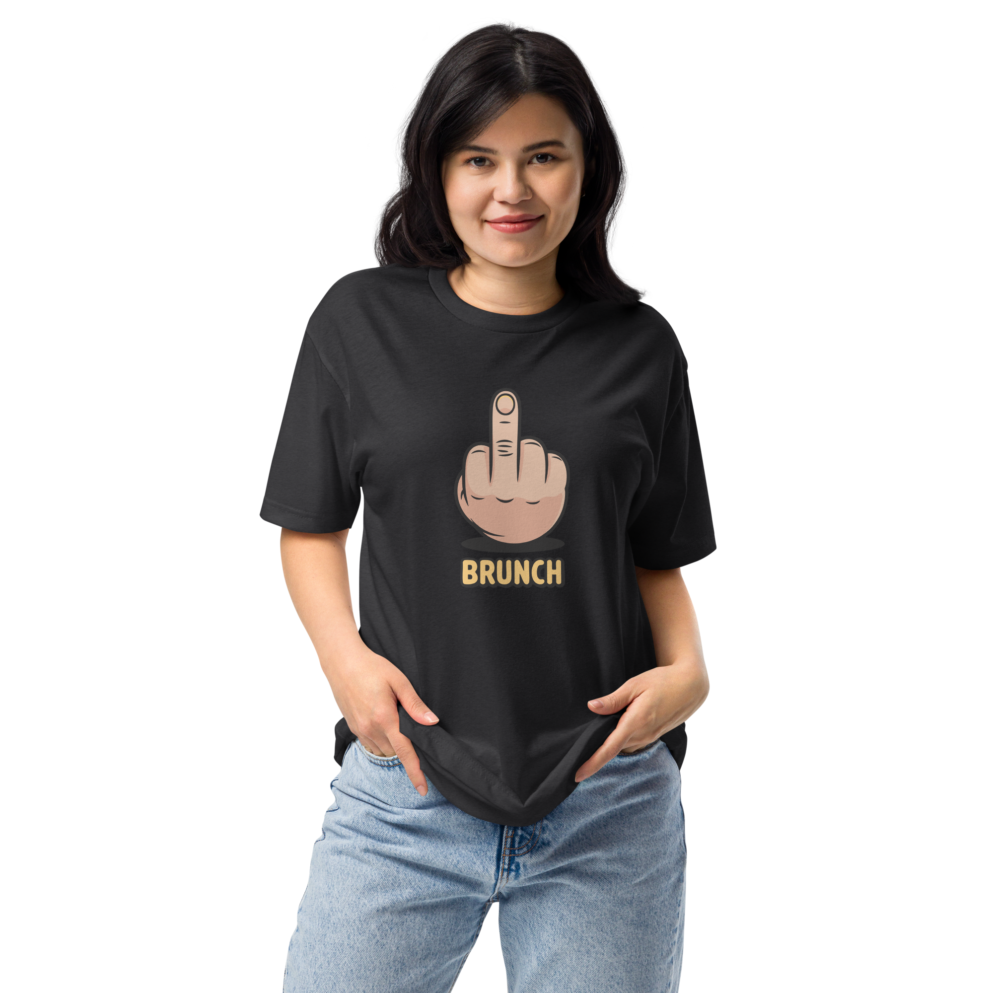 Black unisex t-shirt shown on a model from the front, with a middle finger-sign hand graphic and the word BRUNCH in yellow lettering on the chest.