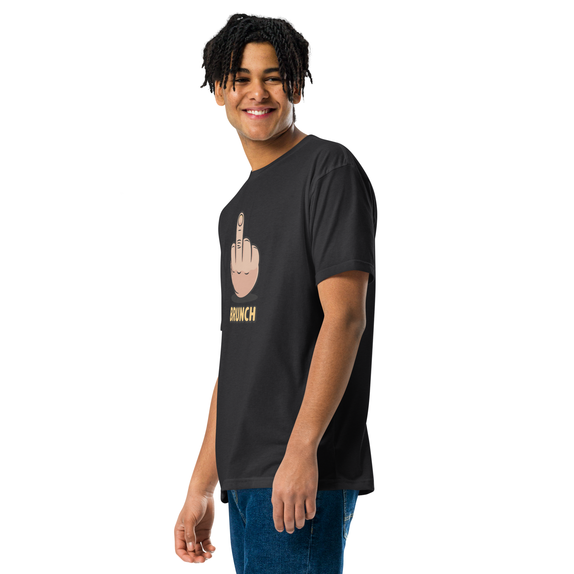 Black unisex t-shirt shown from the front-left, with a cartoon middle finger-sign hand and the word BRUNCH in bold yellow letters on the chest.